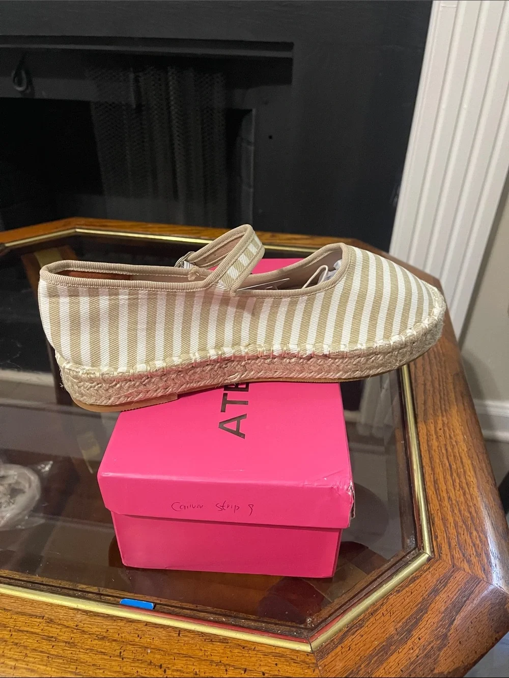 Striped Beige Canvas Mary Jane Espadrille - Women's